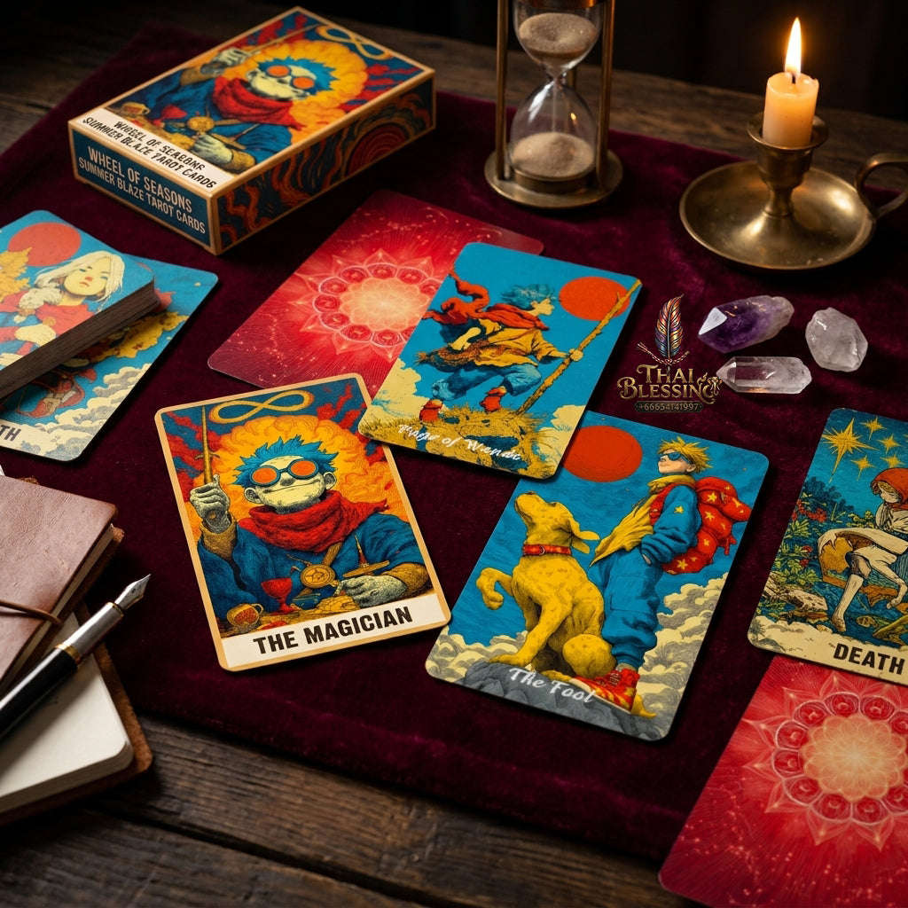 Summer Blaze Tarot Deck with Guidebook - 80-Card Premium Tarot & Oracle Set, 400 GSM Gold-Gilded Edges, Rider-Waite Foundation, Collector Edition Spiritual Art Gift (sishui Wheel of Seasons Series) Thai Blessing Co By RURUECHA