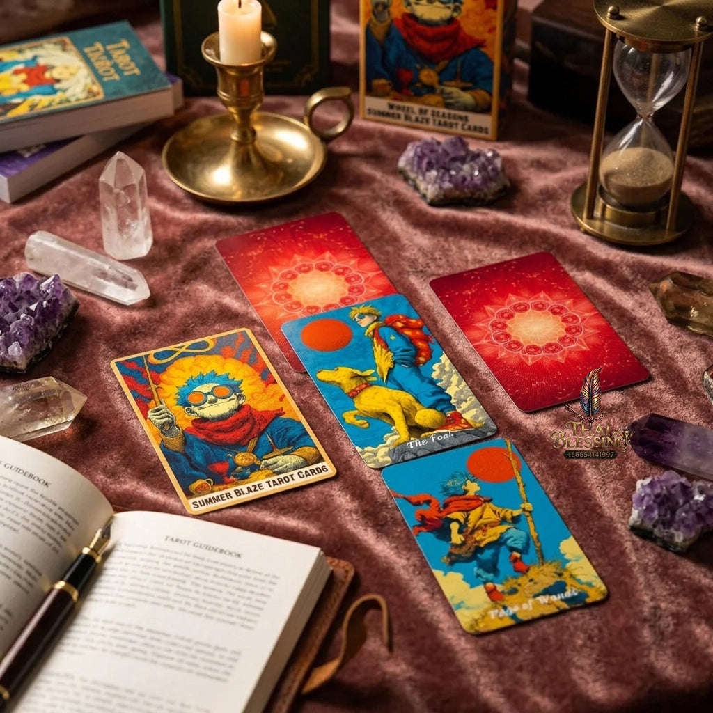 Summer Blaze Tarot Deck with Guidebook - 80-Card Premium Tarot & Oracle Set, 400 GSM Gold-Gilded Edges, Rider-Waite Foundation, Collector Edition Spiritual Art Gift (sishui Wheel of Seasons Series) Thai Blessing Co By RURUECHA