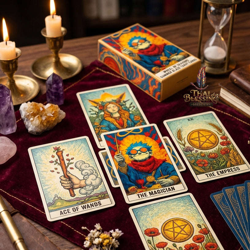 Summer Blaze Tarot Deck with Guidebook - 80-Card Premium Tarot & Oracle Set, 400 GSM Gold-Gilded Edges, Rider-Waite Foundation, Collector Edition Spiritual Art Gift (sishui Wheel of Seasons Series) Thai Blessing Co By RURUECHA