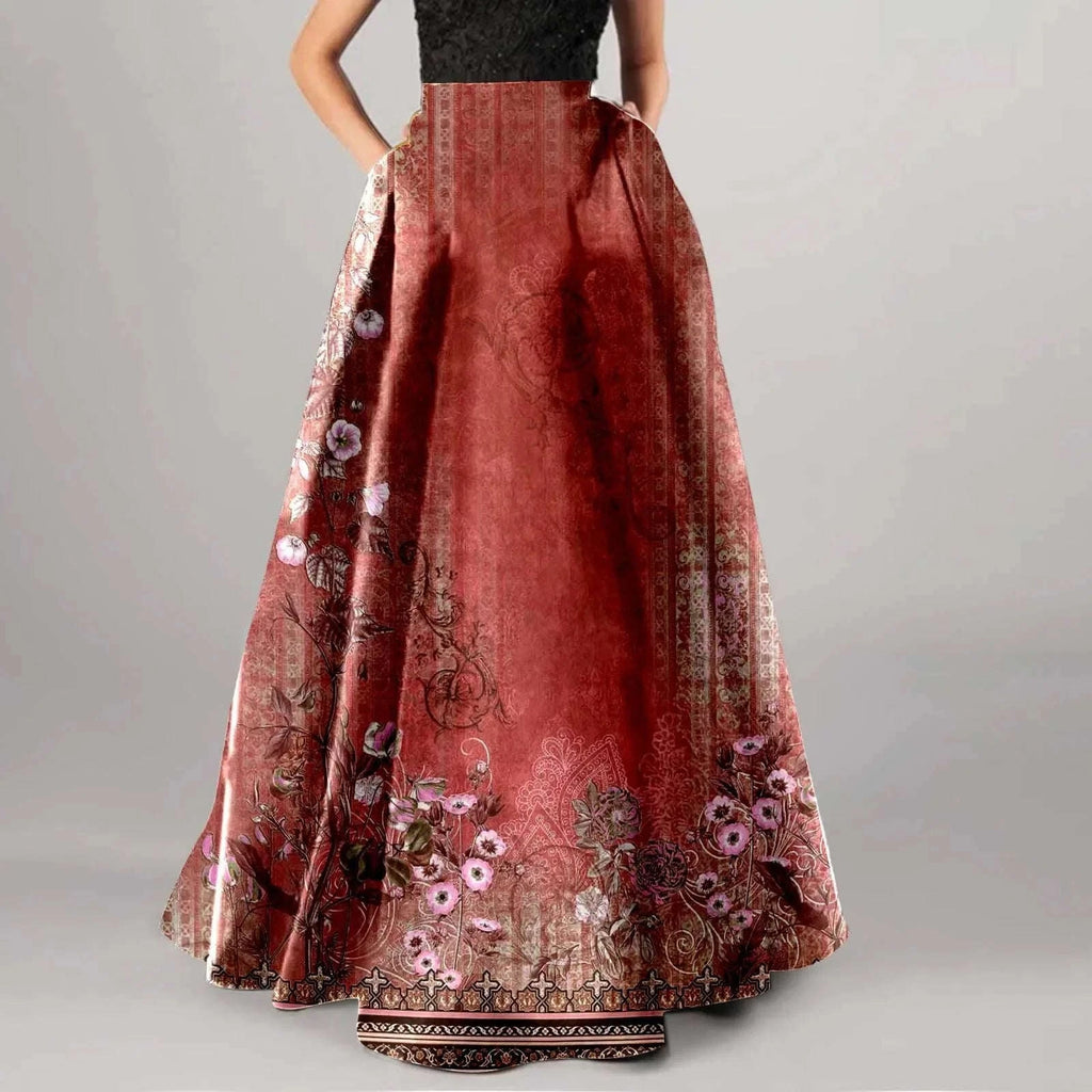 Summer Bohemian Maxi Skirt – Floral High Waist Pleated Maxi Skirt for Women in Boho Holiday Style Red