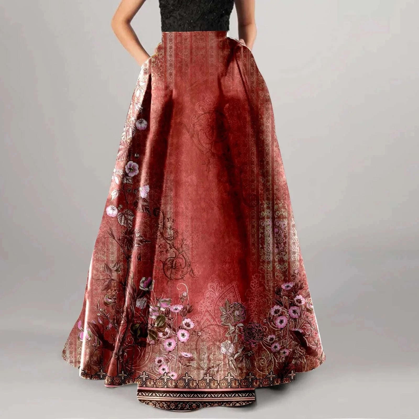 Summer Bohemian Maxi Skirt – Floral High Waist Pleated Maxi Skirt for Women in Boho Holiday Style Red