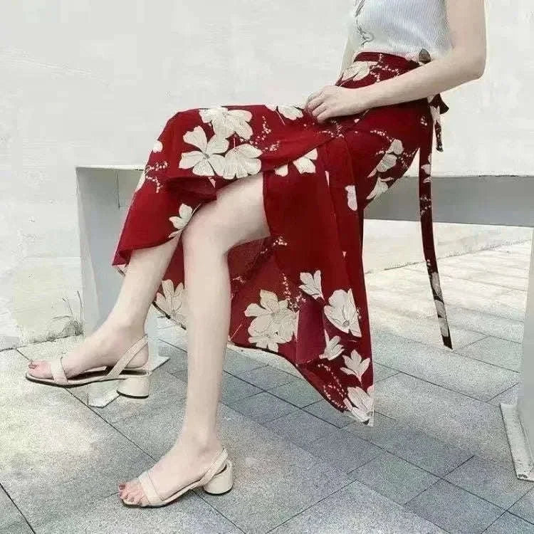 Summer Floral Maxi Skirt for Women – High Waist Wrap Design with Side Slit & Tie Detail in Long Boho Style