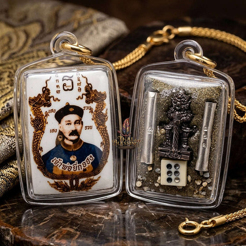 Supreme Er Ghu Huang / Yi Ko Hong (Gambling God) & Thao Wessuwan (Asura Wealth King) "Setthi 10,000 Lan" Dual-Deity Rectangular Locket - Luang Pu Rot Wat Khok Krom 2021 (10-Billionaire Dual-Protection Edition) Thai Blessing Co By RURUECHA