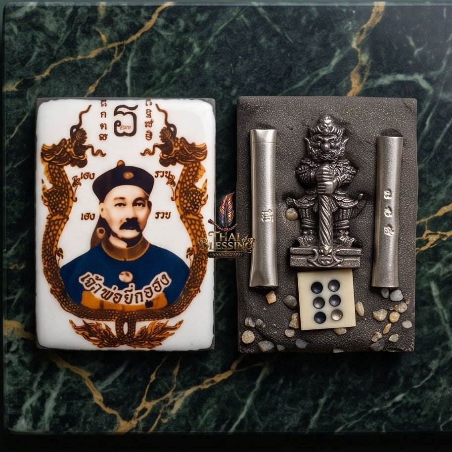 Supreme Er Ghu Huang / Yi Ko Hong (Gambling God) & Thao Wessuwan (Asura Wealth King) "Setthi 10,000 Lan" Dual-Deity Rectangular Locket - Luang Pu Rot Wat Khok Krom 2021 (10-Billionaire Dual-Protection Edition) Thai Blessing Co By RURUECHA