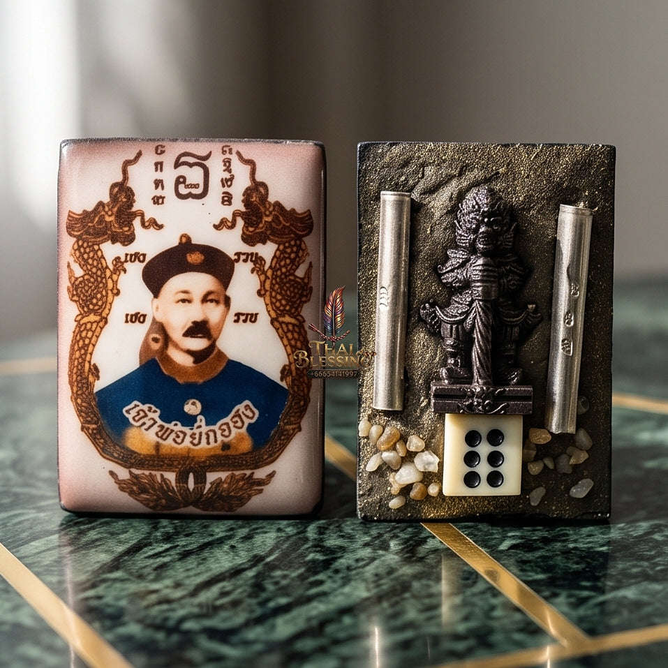 Supreme Er Ghu Huang / Yi Ko Hong (Gambling God) & Thao Wessuwan (Asura Wealth King) "Setthi 10,000 Lan" Dual-Deity Rectangular Locket - Luang Pu Rot Wat Khok Krom 2021 (10-Billionaire Dual-Protection Edition) Thai Blessing Co By RURUECHA