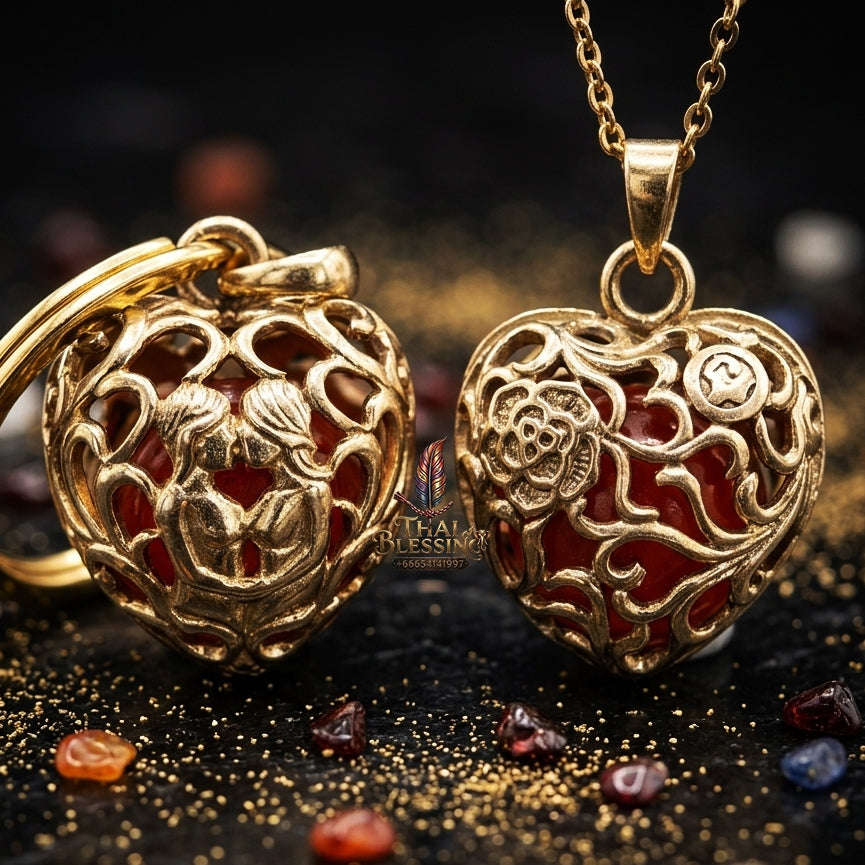 Supreme Luang Pu Som "Hua Jai In Khu" (Heart-Shaped Paired In Koo) Love & Wealth Talisman - Wat Wang Phae 2017 (Master Metta Edition) Thai Blessing Co By RURUECHA