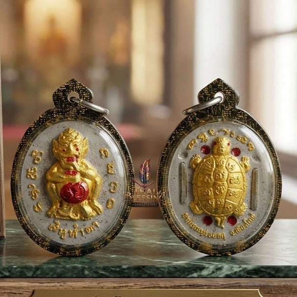 Supreme Phaya Si Hu Ha Ta "Incense Ash Powder Gold-Painted" "Thep Setthi" (Divine Millionaire) Amulet - Khru Ba Tao Wat Ubosot Ban Lao 2019 (Master Gold Edition) Thai Blessing Co By RURUECHA