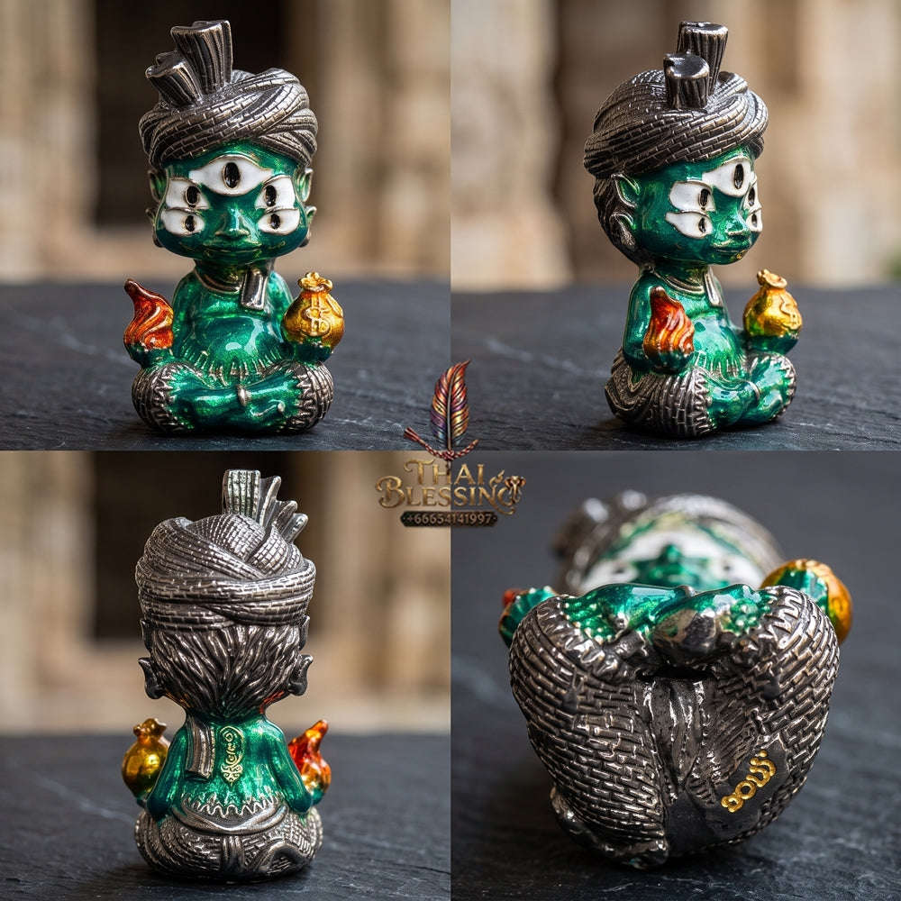 Supreme Phaya Si Hu Ha Ta "Ruai Chap Phlan" (Instant Wealth) Green Enamel Brass Deity - Khru Ba Kham Fan Wat Kor Chok 2024 (Master Edition) Thai Blessing Co By RURUECHA
