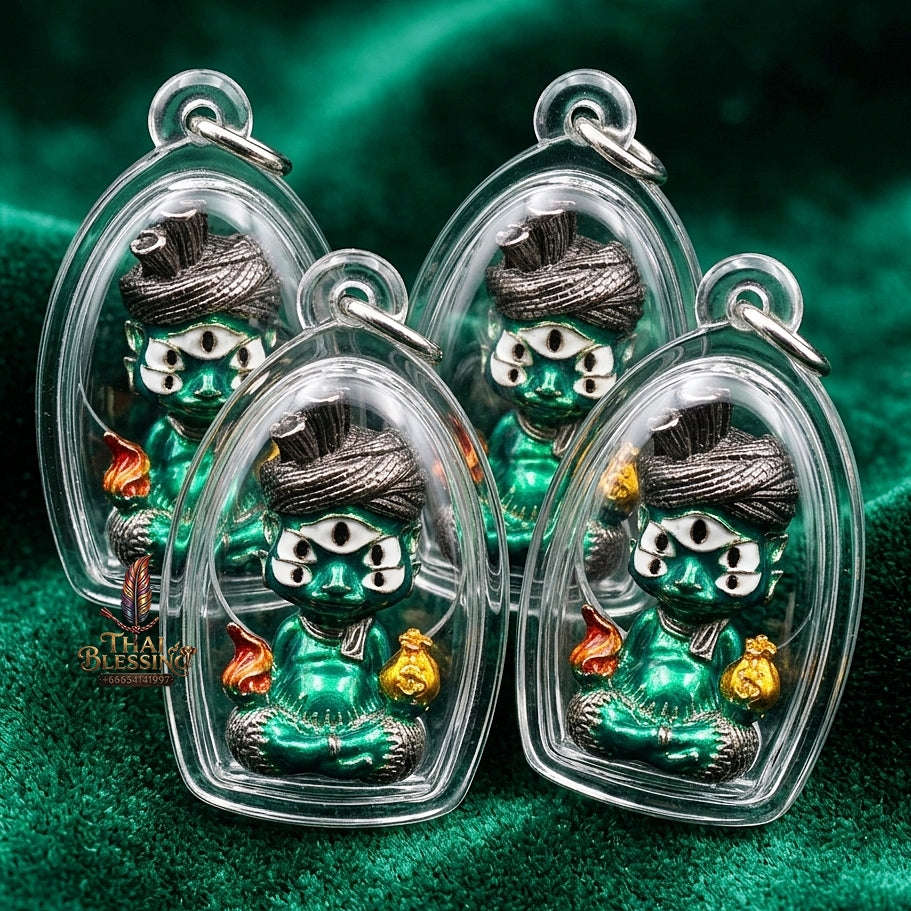 Supreme Phaya Si Hu Ha Ta "Ruai Chap Phlan" (Instant Wealth) Green Enamel Brass Deity - Khru Ba Kham Fan Wat Kor Chok 2024 (Master Edition) Thai Blessing Co By RURUECHA
