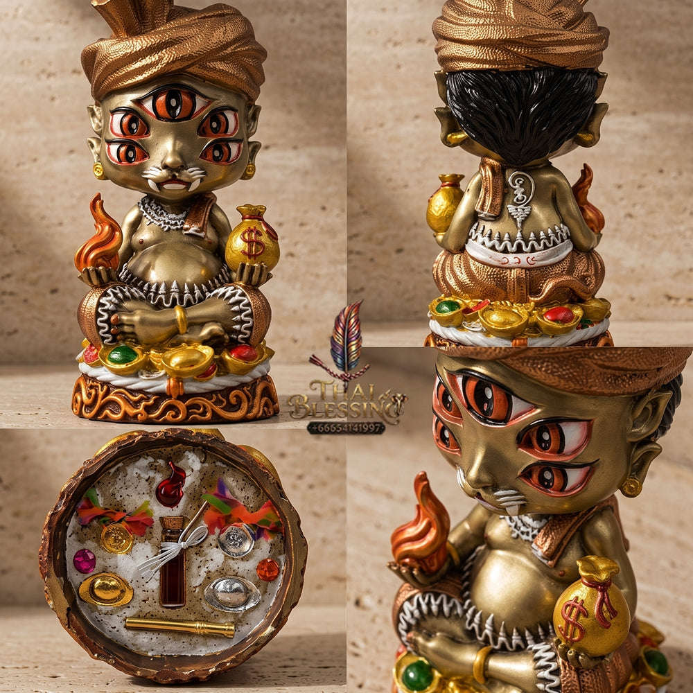 Supreme Phaya Si Hu Ha Ta "Ruai Chap Phlan" (Instant Wealth) Hand-Painted Satin Yellow Altar Bucha Statue - Khru Ba Kham Fan Wat Kor Chok 2024 (Master Bucha Edition) Thai Blessing Co By RURUECHA