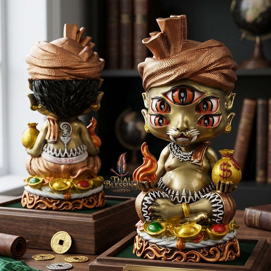 Supreme Phaya Si Hu Ha Ta "Ruai Chap Phlan" (Instant Wealth) Hand-Painted Satin Yellow Altar Bucha Statue - Khru Ba Kham Fan Wat Kor Chok 2024 (Master Bucha Edition) Thai Blessing Co By RURUECHA
