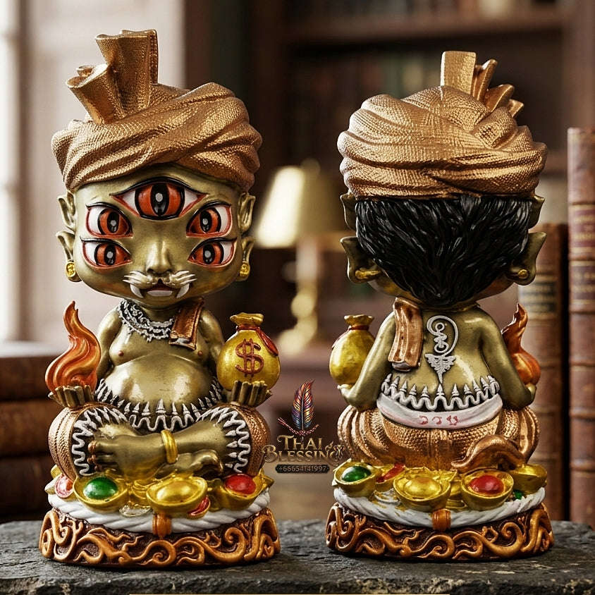 Supreme Phaya Si Hu Ha Ta "Ruai Chap Phlan" (Instant Wealth) Hand-Painted Satin Yellow Altar Bucha Statue - Khru Ba Kham Fan Wat Kor Chok 2024 (Master Bucha Edition) Thai Blessing Co By RURUECHA
