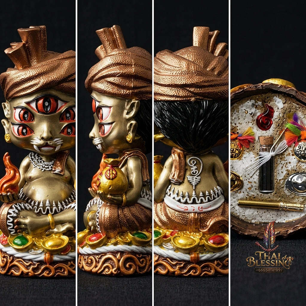 Supreme Phaya Si Hu Ha Ta "Ruai Chap Phlan" (Instant Wealth) Hand-Painted Satin Yellow Altar Bucha Statue - Khru Ba Kham Fan Wat Kor Chok 2024 (Master Bucha Edition) Thai Blessing Co By RURUECHA