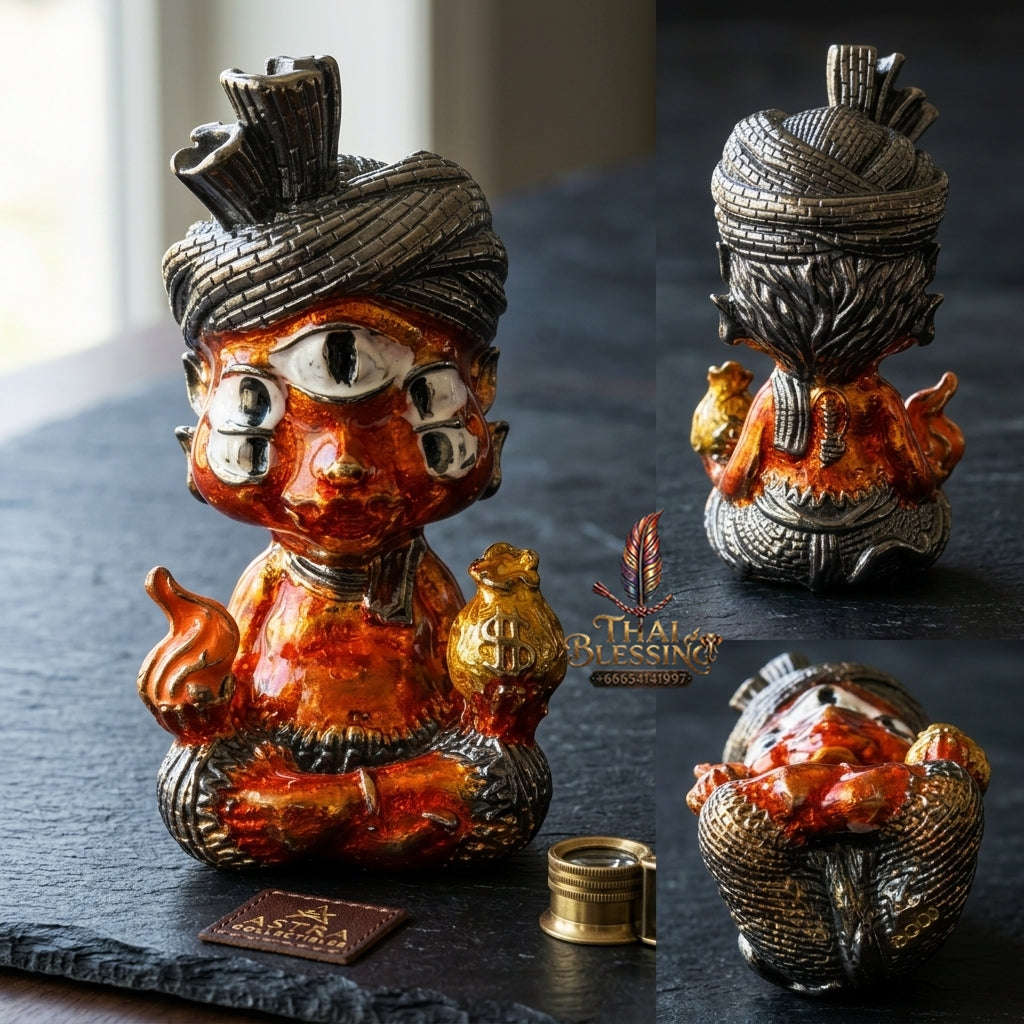 Supreme Phaya Si Hu Ha Ta "Ruai Chap Phlan" (Instant Wealth) Red Enamel & Darkened Brass Deity - Khru Ba Kham Fan Wat Kor Chok 2024 (Master Edition) Thai Blessing Co By RURUECHA