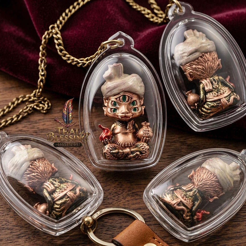 Supreme Phaya Si Hu Ha Ta "Ruai Chap Phlan" (Instant Wealth) Satin Red Enamel Deity - Khru Ba Kham Fan Wat Kor Chok 2024 (Master Edition) Thai Blessing Co By RURUECHA