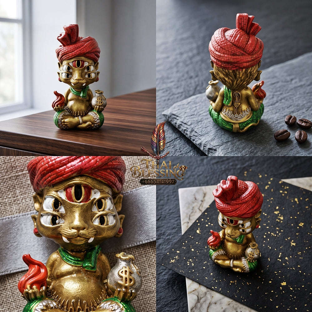 Supreme Phaya Si Hu Ha Ta "Ruai Chap Phlan" (Instant Wealth) Satin Yellow Partially Painted Deity - Khru Ba Kham Fan Wat Kor Chok 2024 (Master Edition) Thai Blessing Co By RURUECHA