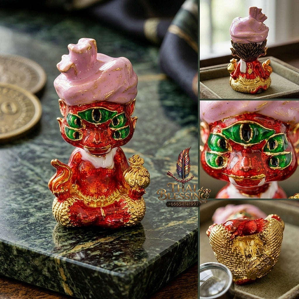Supreme Phaya Si Hu Ha Ta "Ruai Chap Phlan" (Instant Wealth) Waterproof Acrylic Encased Gold-Plated & Red Enamel Samlit Bronze Deity - Khru Ba Kham Fan Wat Kor Chok 2024 (Master Edition) Thai Blessing Co By RURUECHA