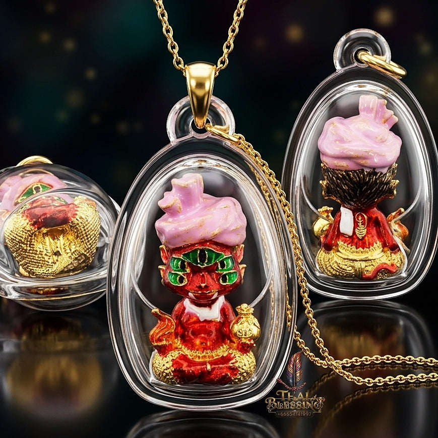 Supreme Phaya Si Hu Ha Ta "Ruai Chap Phlan" (Instant Wealth) Waterproof Acrylic Encased Gold-Plated & Red Enamel Samlit Bronze Deity - Khru Ba Kham Fan Wat Kor Chok 2024 (Master Edition) Thai Blessing Co By RURUECHA