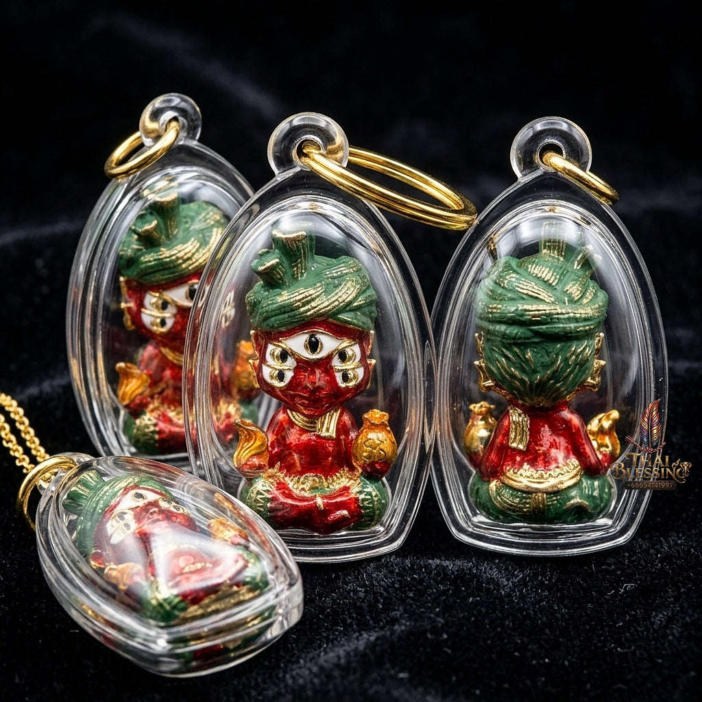 Supreme Phaya Si Hu Ha Ta "Ruai Chap Phlan" (Instant Wealth) Waterproof Acrylic Encased Red Enamel & Patinated Brass Deity - Khru Ba Kham Fan Wat Kor Chok 2024 (Master Edition) Thai Blessing Co By RURUECHA