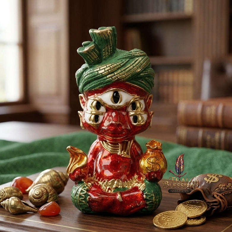 Supreme Phaya Si Hu Ha Ta "Ruai Chap Phlan" (Instant Wealth) Waterproof Acrylic Encased Red Enamel & Patinated Brass Deity - Khru Ba Kham Fan Wat Kor Chok 2024 (Master Edition) Thai Blessing Co By RURUECHA