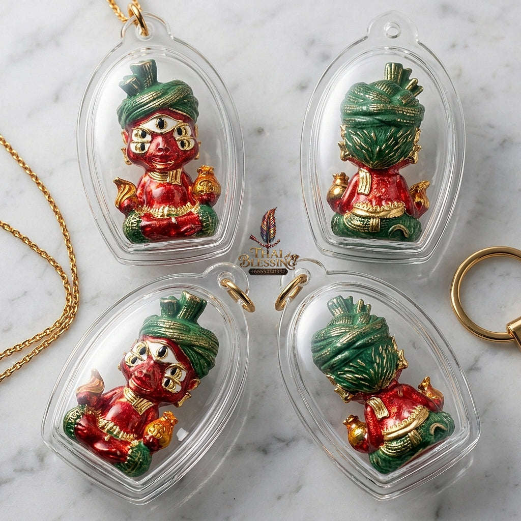 Supreme Phaya Si Hu Ha Ta "Ruai Chap Phlan" (Instant Wealth) Waterproof Acrylic Encased Red Enamel & Patinated Brass Deity - Khru Ba Kham Fan Wat Kor Chok 2024 (Master Edition) Thai Blessing Co By RURUECHA