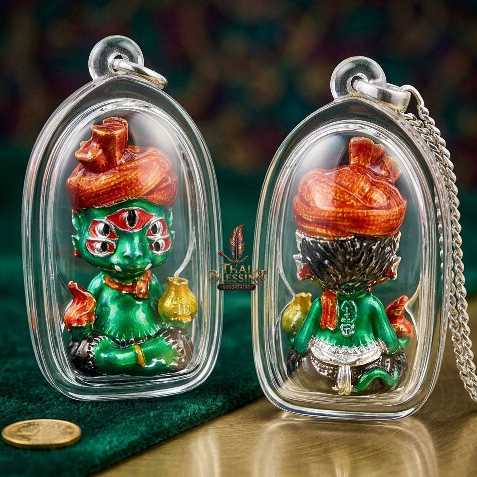 Supreme Phaya Si Hu Ha Ta "Ruai Chap Phlan" (Instant Wealth) Waterproof Acrylic Encased Silver-Plated Green Enamel Samlit Bronze Deity - Khru Ba Kham Fan Wat Kor Chok 2024 (Master Edition) Thai Blessing Co By RURUECHA