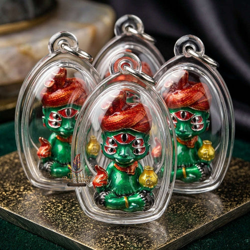 Supreme Phaya Si Hu Ha Ta "Ruai Chap Phlan" (Instant Wealth) Waterproof Acrylic Encased Silver-Plated Green Enamel Samlit Bronze Deity - Khru Ba Kham Fan Wat Kor Chok 2024 (Master Edition) Thai Blessing Co By RURUECHA