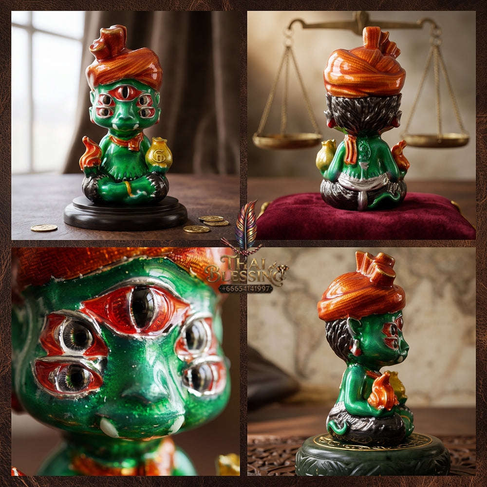 Supreme Phaya Si Hu Ha Ta "Ruai Chap Phlan" (Instant Wealth) Waterproof Acrylic Encased Silver-Plated Green Enamel Samlit Bronze Deity - Khru Ba Kham Fan Wat Kor Chok 2024 (Master Edition) Thai Blessing Co By RURUECHA