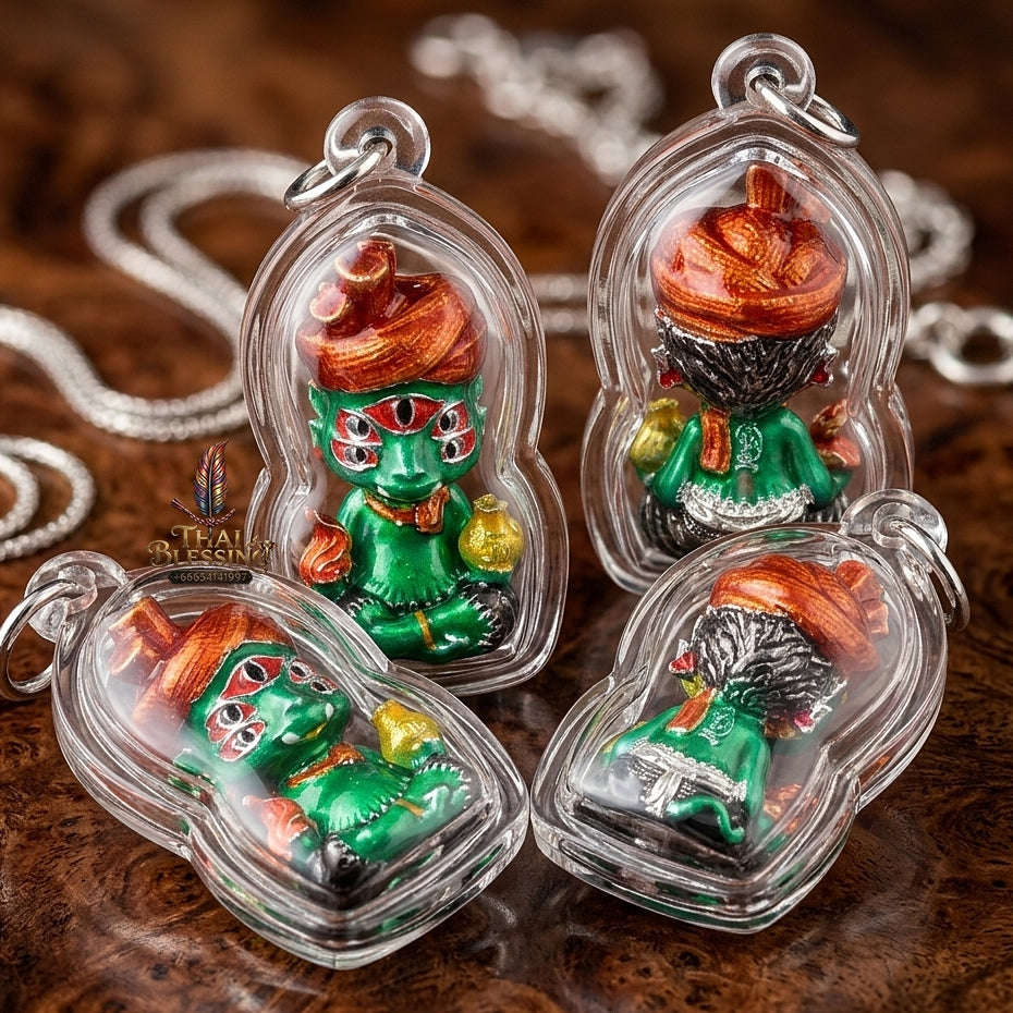 Supreme Phaya Si Hu Ha Ta "Ruai Chap Phlan" (Instant Wealth) Waterproof Acrylic Encased Silver-Plated Green Enamel Samlit Bronze Deity - Khru Ba Kham Fan Wat Kor Chok 2024 (Master Edition) Thai Blessing Co By RURUECHA