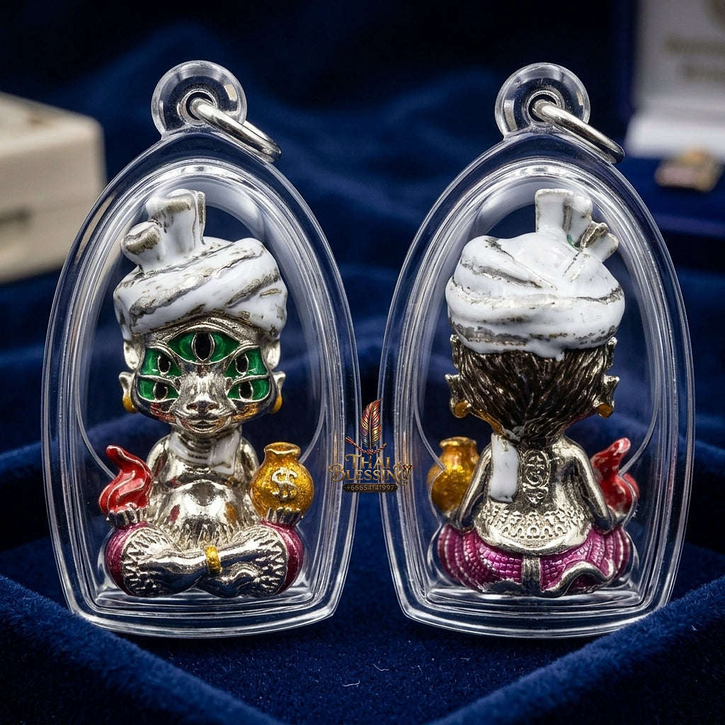 Supreme Phaya Si Hu Ha Ta "Ruai Chap Phlan" (Instant Wealth) Waterproof Acrylic Encased White Bronze Enamel Deity - Khru Ba Kham Fan Wat Kor Chok 2024 (Master Edition) Thai Blessing Co By RURUECHA