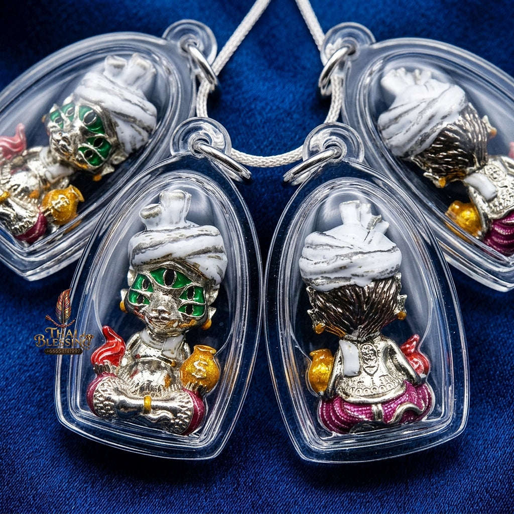 Supreme Phaya Si Hu Ha Ta "Ruai Chap Phlan" (Instant Wealth) Waterproof Acrylic Encased White Bronze Enamel Deity - Khru Ba Kham Fan Wat Kor Chok 2024 (Master Edition) Thai Blessing Co By RURUECHA