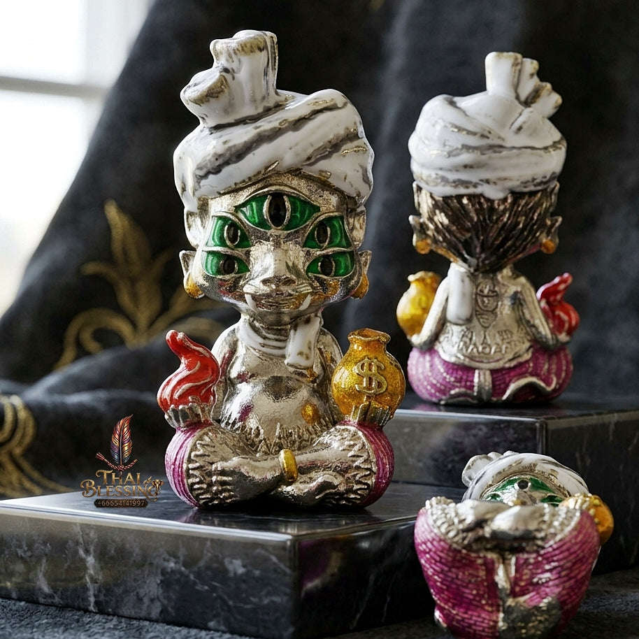 Supreme Phaya Si Hu Ha Ta "Ruai Chap Phlan" (Instant Wealth) Waterproof Acrylic Encased White Bronze Enamel Deity - Khru Ba Kham Fan Wat Kor Chok 2024 (Master Edition) Thai Blessing Co By RURUECHA