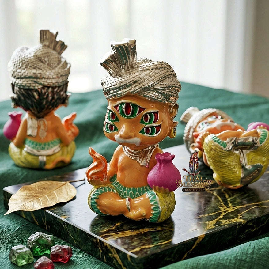 Supreme Phaya Si Hu Ha Ta "Ruai Chap Plian" (Instant Wealth) Waterproof Acrylic Encased Silver-Plated Polished Samlit Bronze Deity - Khru Ba Kham Fan Wat Kor Chok 2024 (Master Edition) Thai Blessing Co By RURUECHA