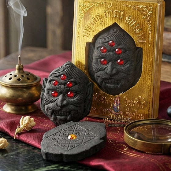 Supreme Phaya Si Hu Ha Ta "Sacred Black Powder" Wealth & Fate Alignment Amulet - Khru Ba Nuea Rit Wat Tha Nak 2014 (Master Edition) Thai Blessing Co By RURUECHA