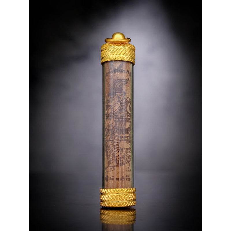 Supreme Ruesi Narot amulet encased in a golden protective tube, ideal for spiritual well-being