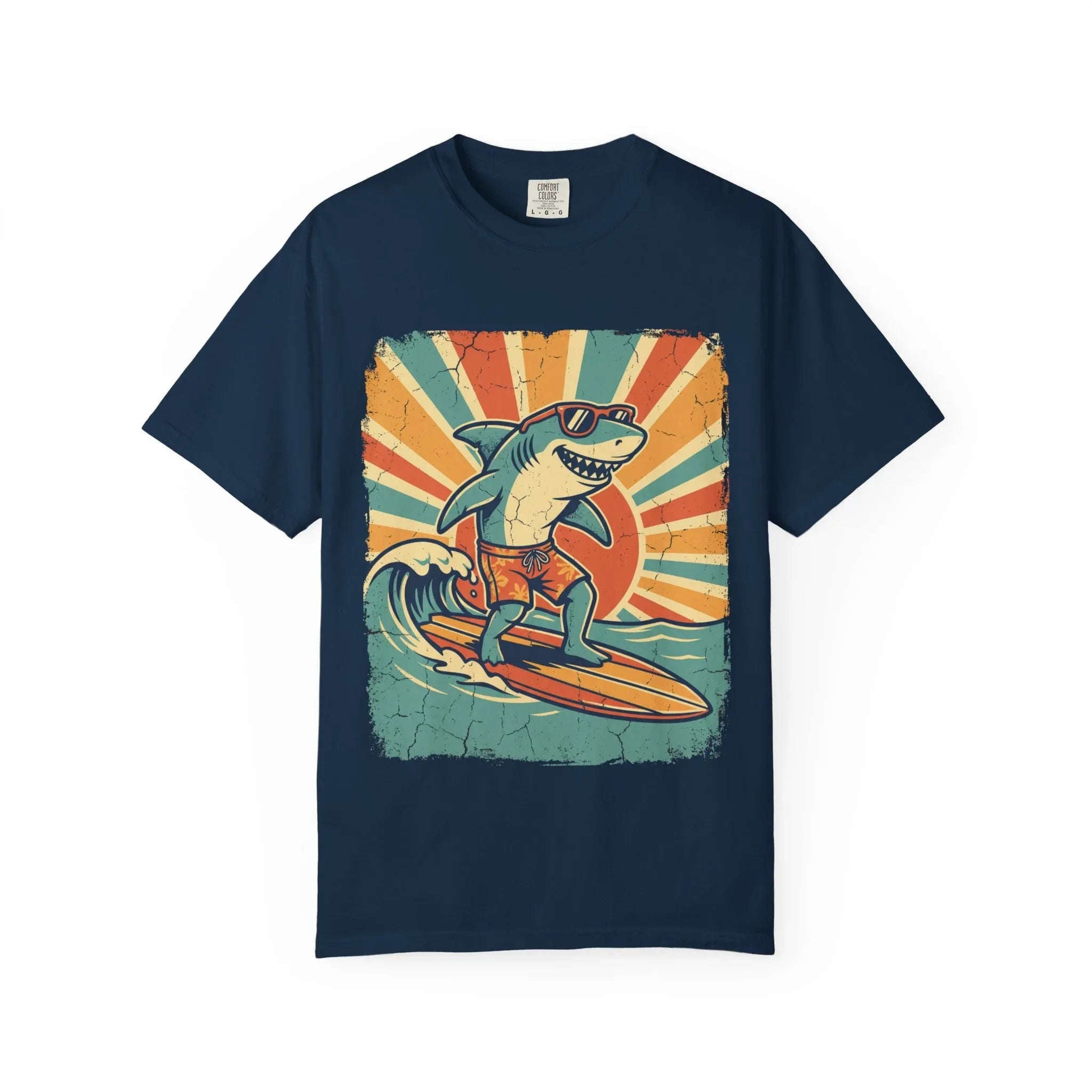 Surfing Shark Shirt, Retro Sunset Wave Tee, Funny Shark Surf T-Shirt, Beach Summer Graphic, Surfer Gift, Ocean Vacation Outfit