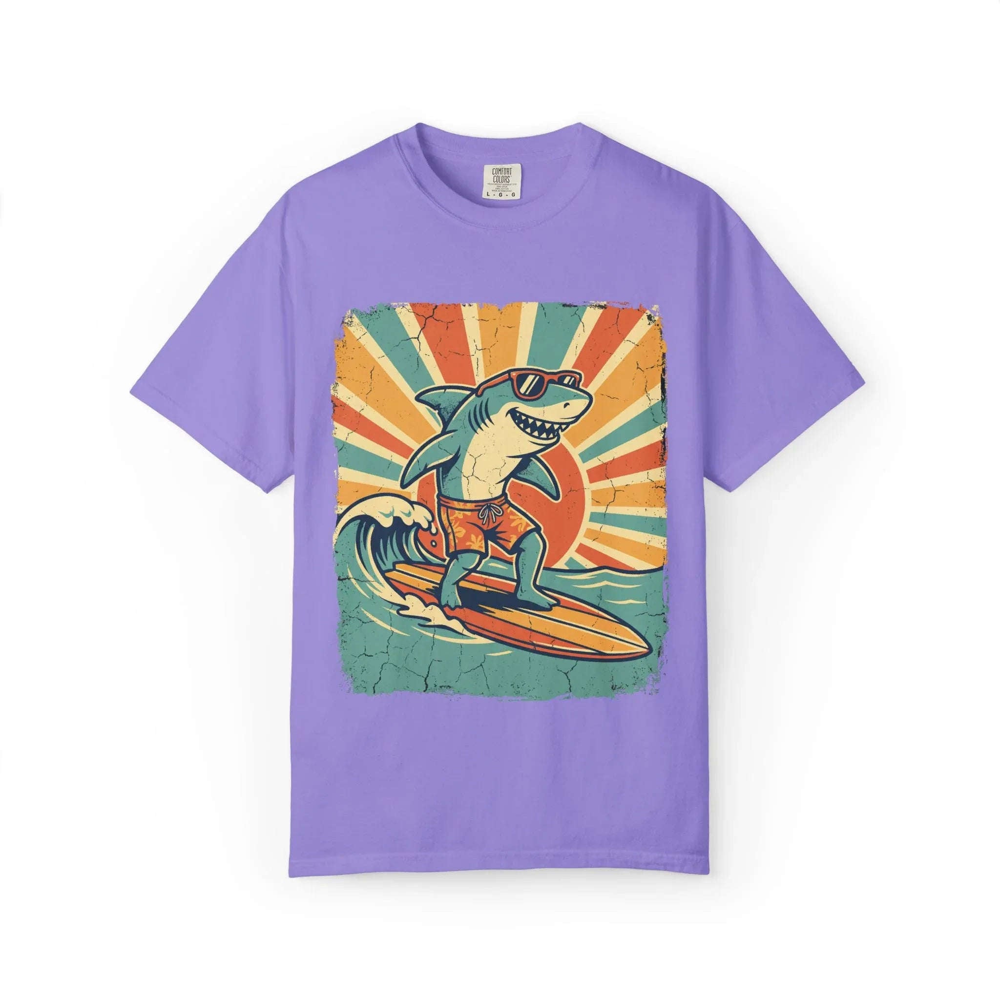 Surfing Shark Shirt, Retro Sunset Wave Tee, Funny Shark Surf T-Shirt, Beach Summer Graphic, Surfer Gift, Ocean Vacation Outfit Violet