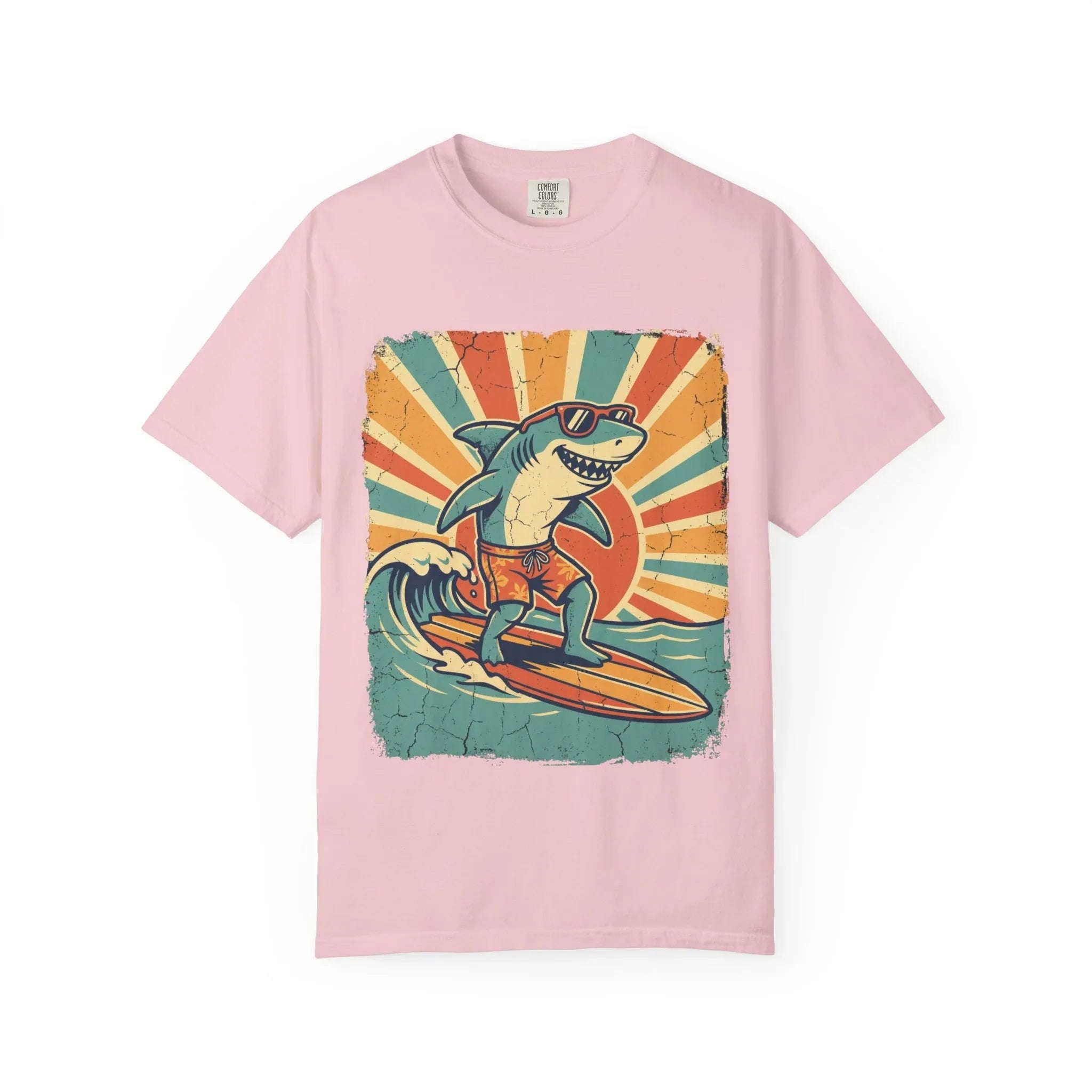 Surfing Shark Shirt, Retro Sunset Wave Tee, Funny Shark Surf T-Shirt, Beach Summer Graphic, Surfer Gift, Ocean Vacation Outfit Blossom