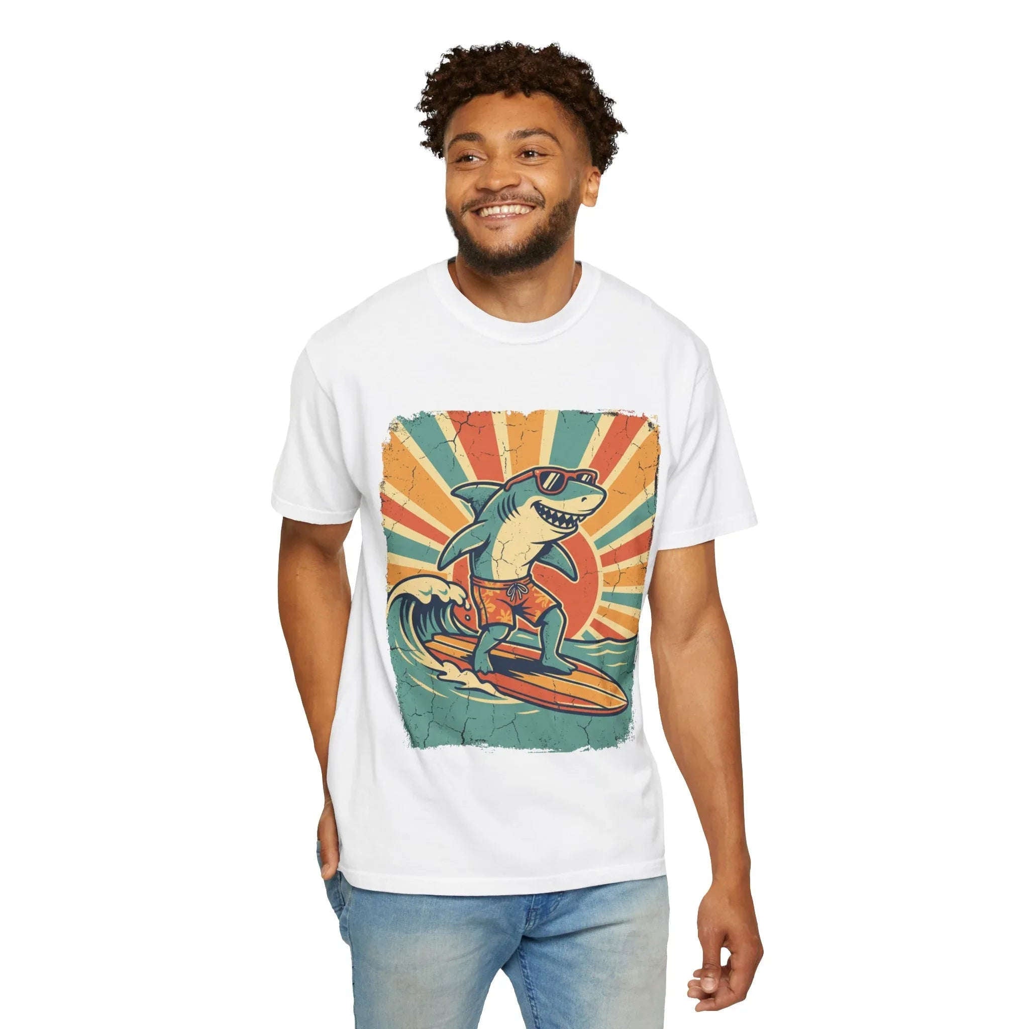 Surfing Shark Shirt, Retro Sunset Wave Tee, Funny Shark Surf T-Shirt, Beach Summer Graphic, Surfer Gift, Ocean Vacation Outfit