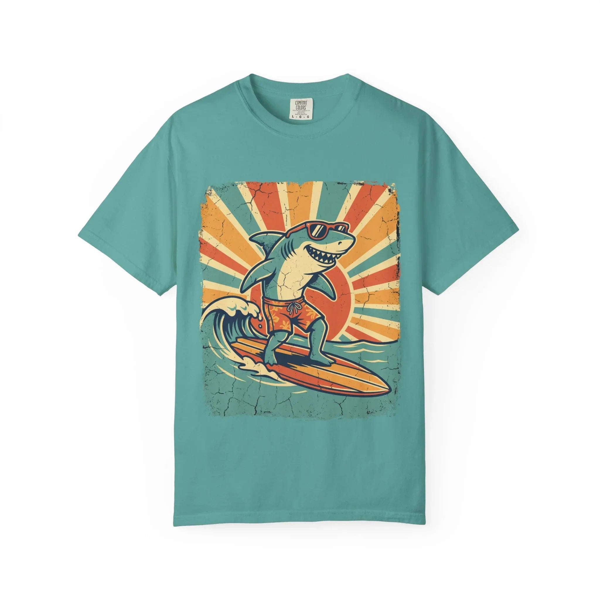 Surfing Shark Shirt, Retro Sunset Wave Tee, Funny Shark Surf T-Shirt, Beach Summer Graphic, Surfer Gift, Ocean Vacation Outfit Seafoam