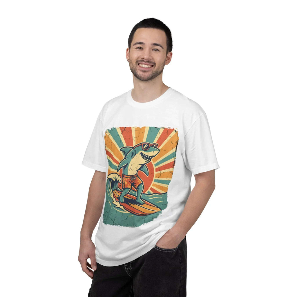 Surfing Shark Shirt, Retro Sunset Wave Tee, Funny Shark Surf T-Shirt, Beach Summer Graphic, Surfer Gift, Ocean Vacation Outfit