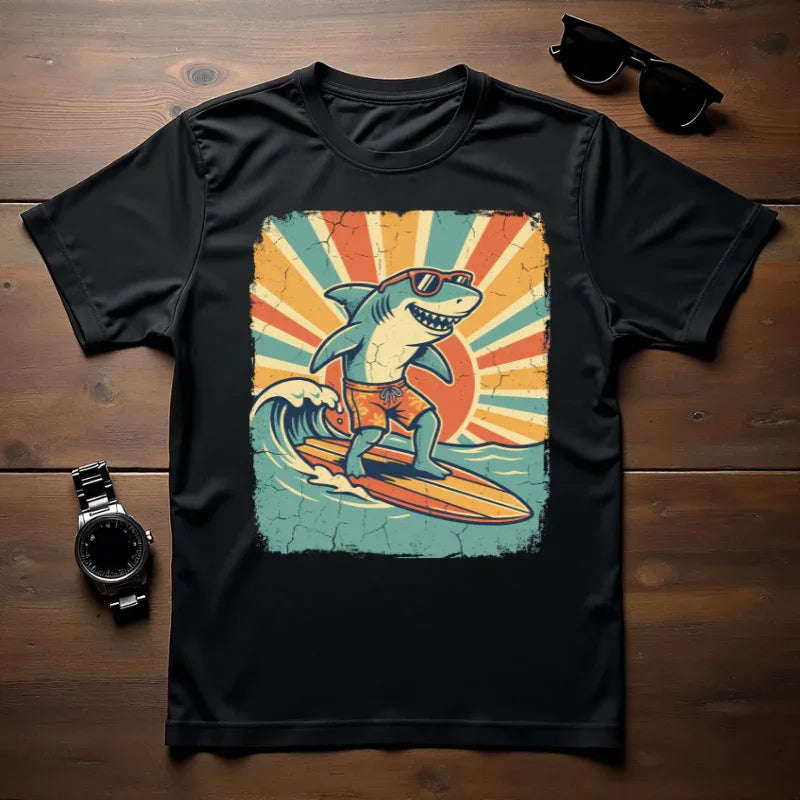 Surfing Shark Shirt, Retro Sunset Wave Tee, Funny Shark Surf T-Shirt, Beach Summer Graphic, Surfer Gift, Ocean Vacation Outfit