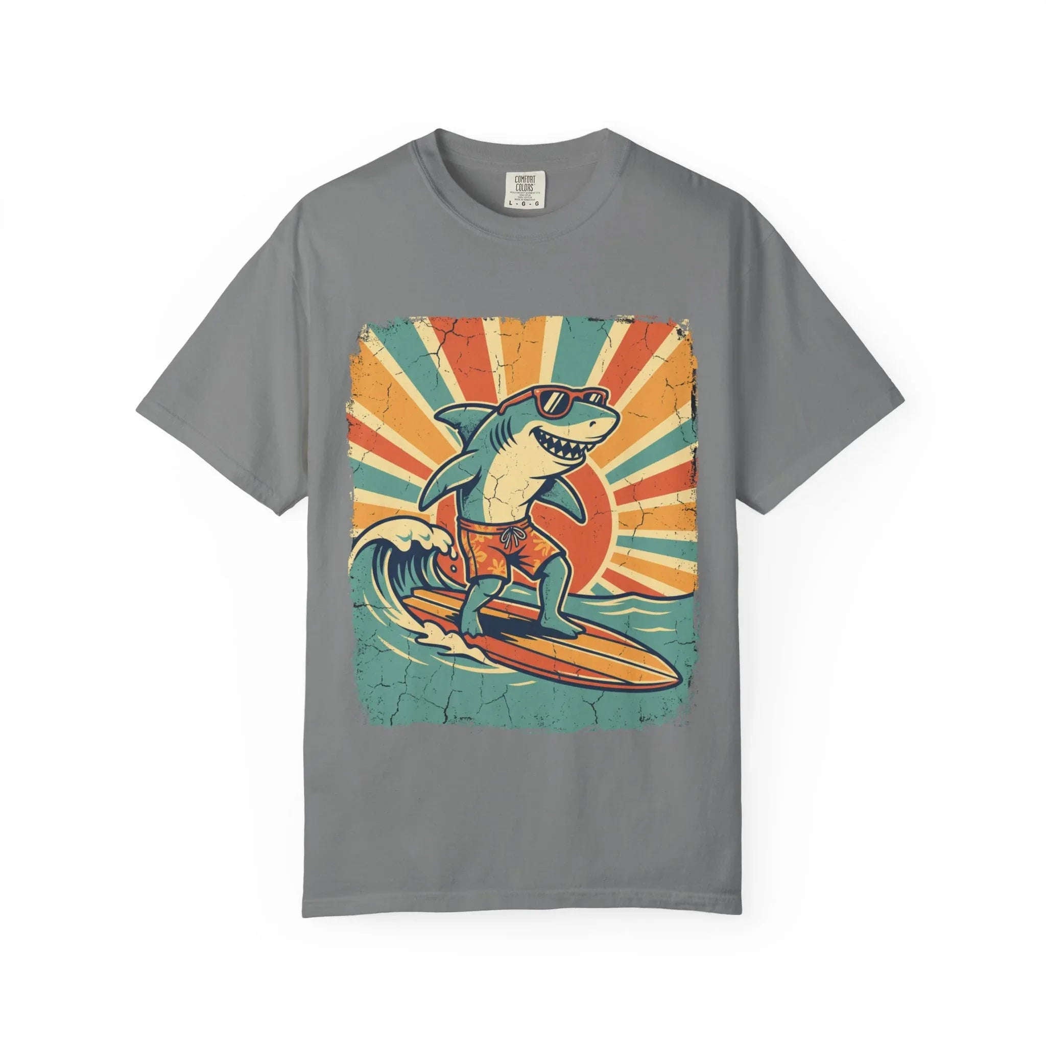 Surfing Shark Shirt, Retro Sunset Wave Tee, Funny Shark Surf T-Shirt, Beach Summer Graphic, Surfer Gift, Ocean Vacation Outfit Grey