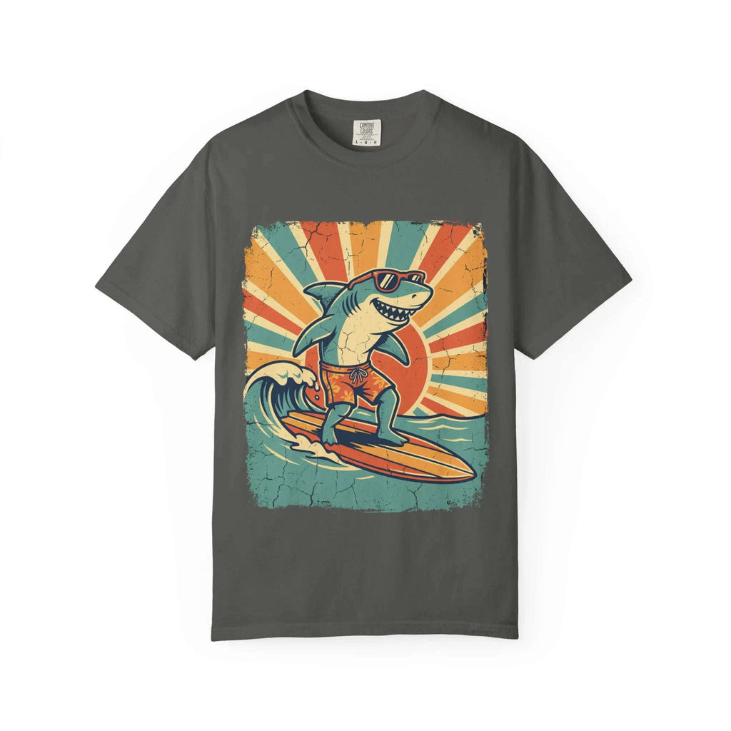 Surfing Shark Shirt, Retro Sunset Wave Tee, Funny Shark Surf T-Shirt, Beach Summer Graphic, Surfer Gift, Ocean Vacation Outfit