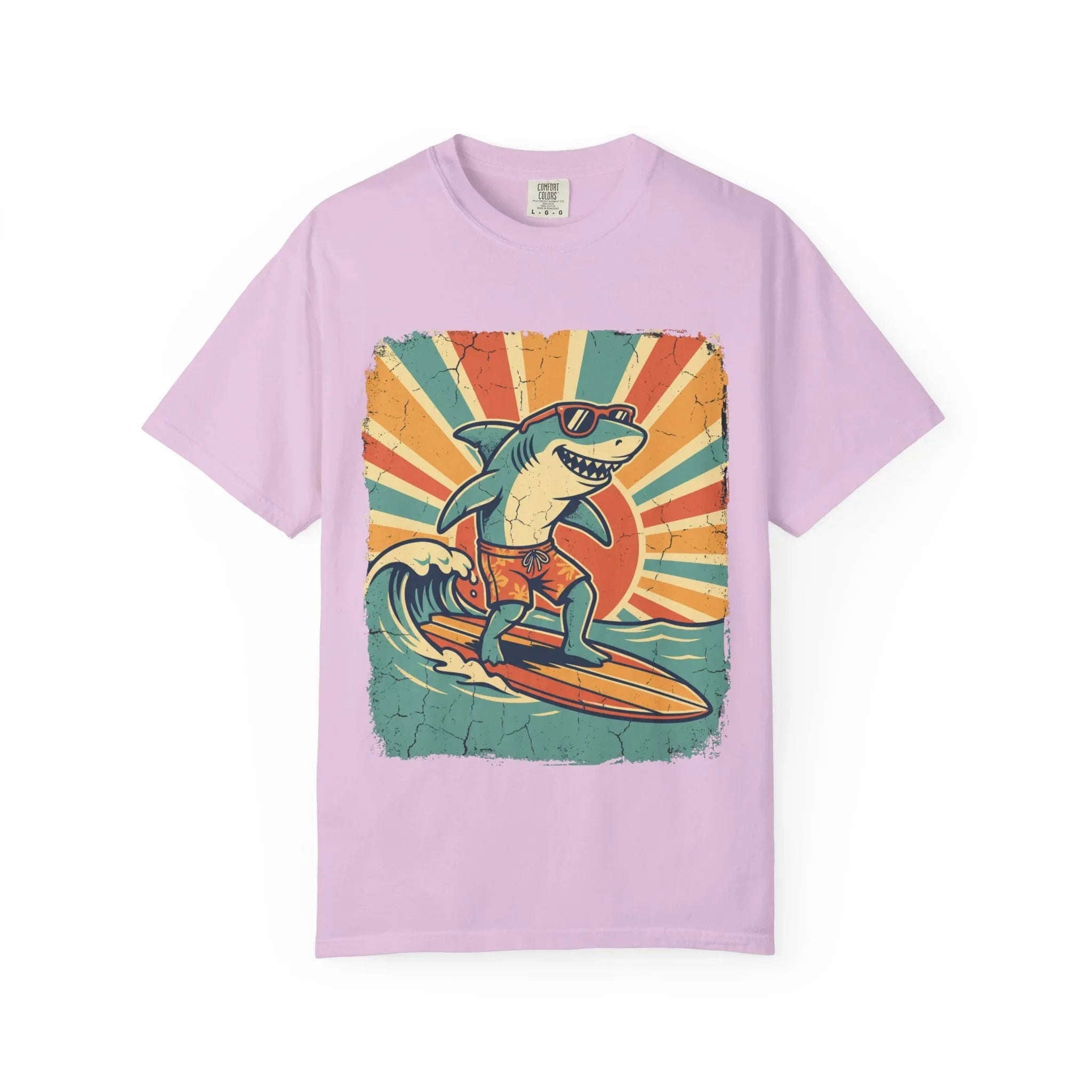 Surfing Shark Shirt, Retro Sunset Wave Tee, Funny Shark Surf T-Shirt, Beach Summer Graphic, Surfer Gift, Ocean Vacation Outfit Orchid