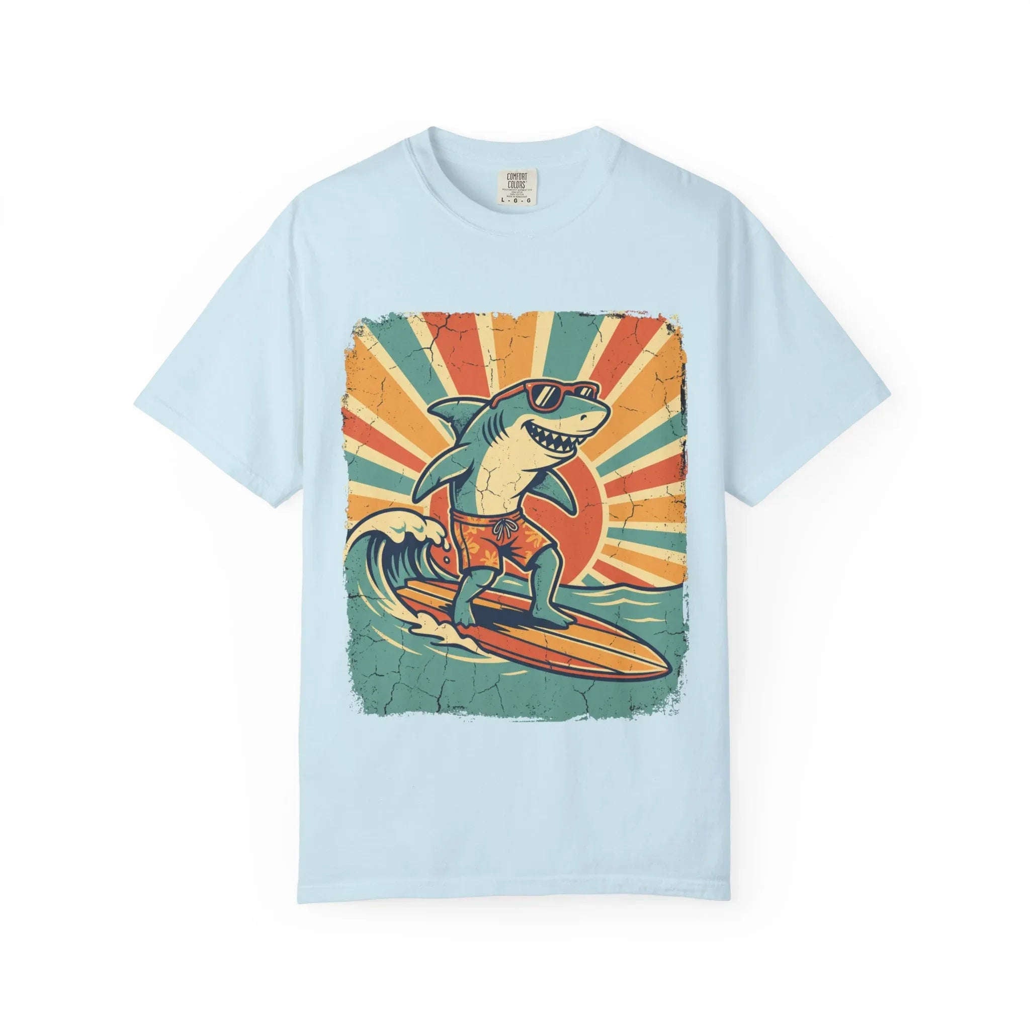 Surfing Shark Shirt, Retro Sunset Wave Tee, Funny Shark Surf T-Shirt, Beach Summer Graphic, Surfer Gift, Ocean Vacation Outfit Chambray