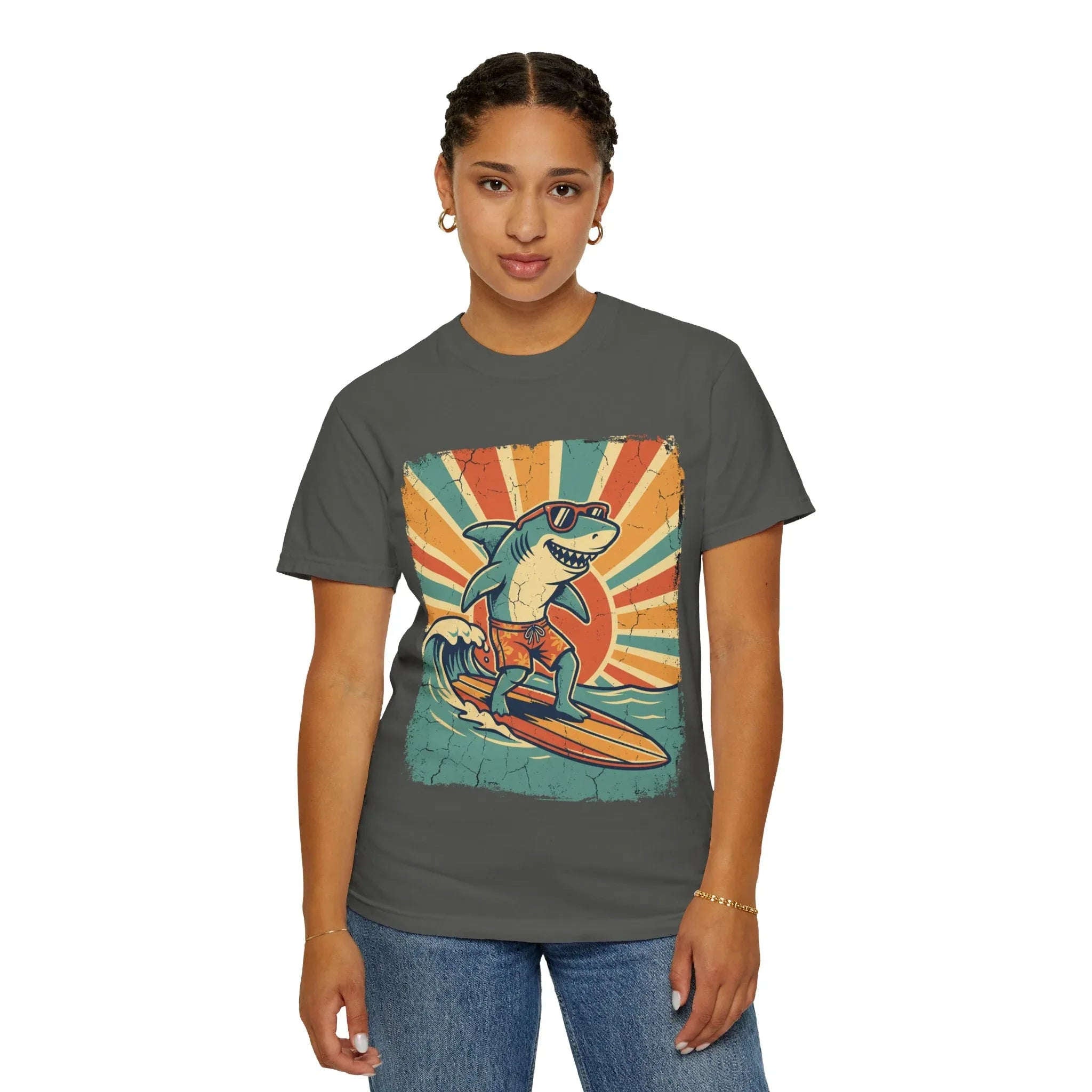 Surfing Shark Shirt, Retro Sunset Wave Tee, Funny Shark Surf T-Shirt, Beach Summer Graphic, Surfer Gift, Ocean Vacation Outfit Pepper