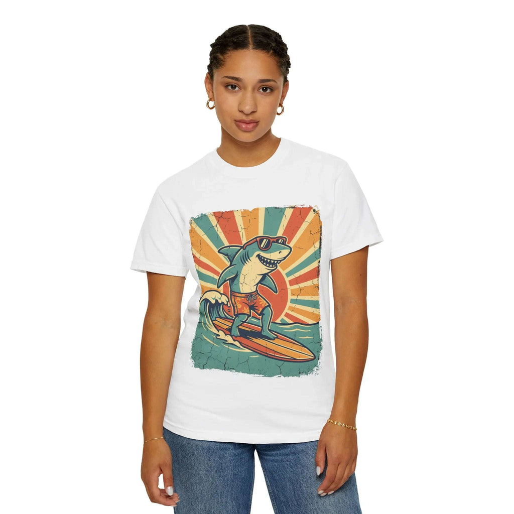 Surfing Shark Shirt, Retro Sunset Wave Tee, Funny Shark Surf T-Shirt, Beach Summer Graphic, Surfer Gift, Ocean Vacation Outfit