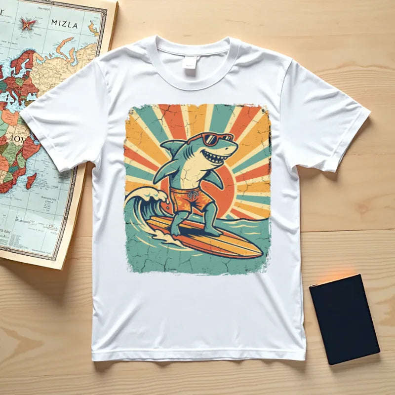 Surfing Shark Shirt, Retro Sunset Wave Tee, Funny Shark Surf T-Shirt, Beach Summer Graphic, Surfer Gift, Ocean Vacation Outfit