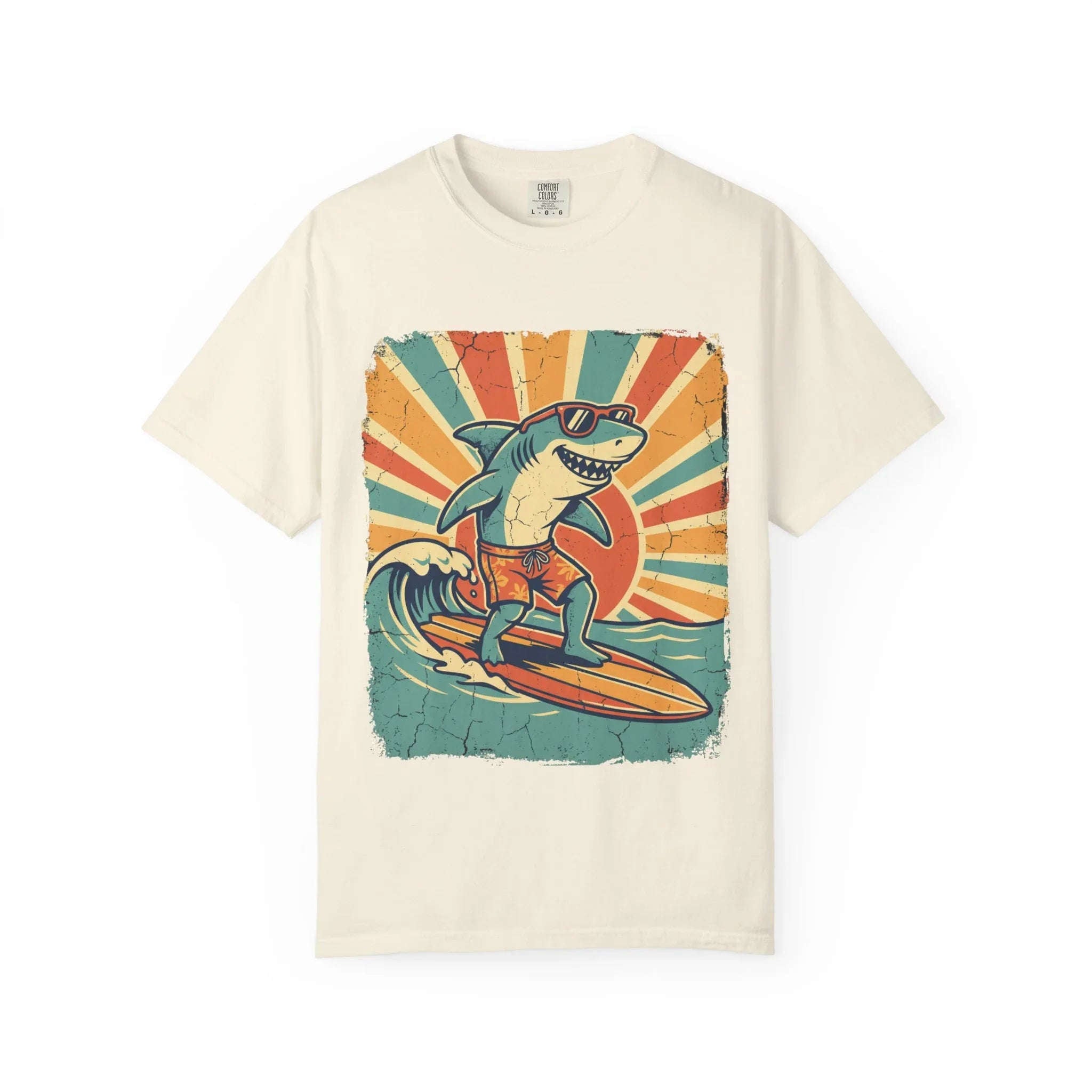 Surfing Shark Shirt, Retro Sunset Wave Tee, Funny Shark Surf T-Shirt, Beach Summer Graphic, Surfer Gift, Ocean Vacation Outfit Ivory